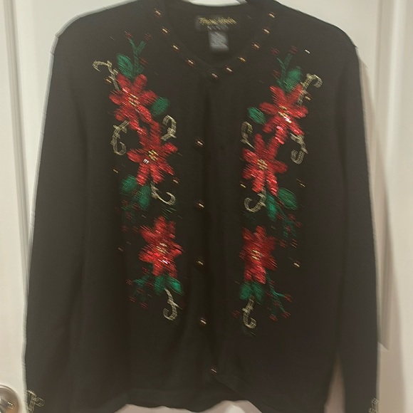 Vintage Theme Works by KIKIT Christmas Sweater Embellished Poinsettias Size XL - Picture 3 of 7